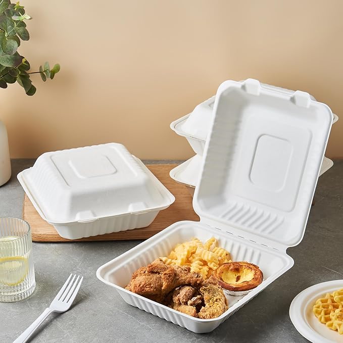 [8X8 1-Compartment 75-Pack Bio Natural Clamshell Take Out Food Containers with Lids, Disposable Bagasse Togo Trays, Eco-Friendly Biodegradable Made of Sugar Cane Fibers