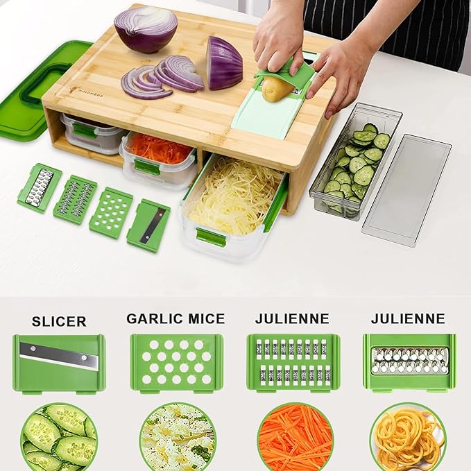 Bamboo Cutting Board with Containers, Large Smart Cutting Board Set with Stackable Containers, Built-in Graters and Locking Lid, Meal Prep Station, Chopping Board Set, Housewarming Gifts