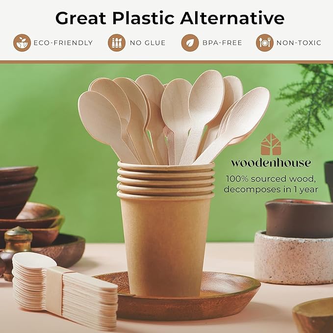 (100 Count) Disposable Wooden Spoons Set - Alternative to Plastic, Eco Friendly, Biodegradable, Compostable Cutlery Set - 100 Wood Spoons Disposable Set
