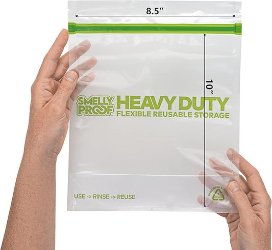 Smelly Proof HEAVY DUTY Reusable STAND-UP Ziplock Bags for Food Storage, USA Made, NO PEVA & BPA FREE, Reusable Freezer Bags, Dishwasher-Safe, Triple Zip, CLEAR 5-mils LRG Quart 8.5" x 10" - 5pk