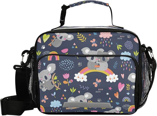 Rainbow Koala Floral Lunch Box for Kids Adults Animals Pattern Insulated Lunch Bag with Shoulder Strap Reusable Cooler Bags Lunch Tote for Office School Girls Boys Teens