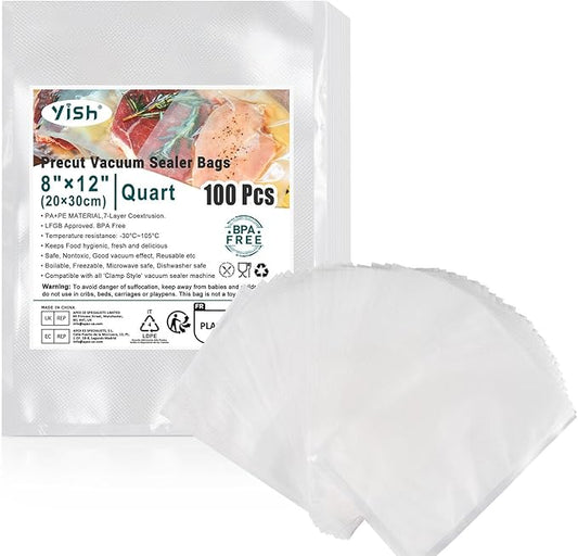 Vacuum Sealer Bags: 100 Quart 8"12" Precut Bags for Food Saver, Commercial Grade, BPA Free, Heavy Duty Sealing Bags for Storage, Meal Prep, Sous Vide