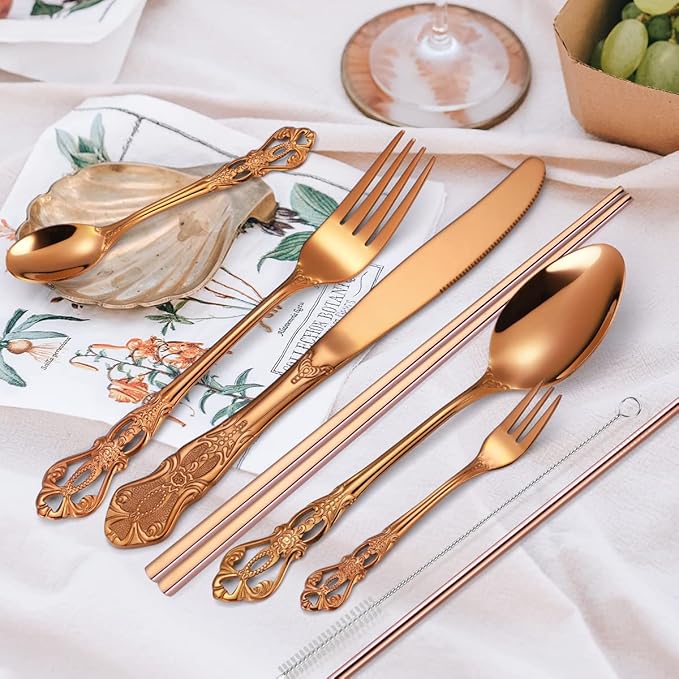 AARAINBOW 7 Pieces Stainless Steel Flatware Set Portable Reusable Cutlery Set Travel Utensils Set Including Chopsticks Knife Fork Spoon Straws Cleaning Brush Dishwasher Safe (G-Rose Golden)