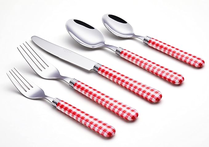 ANNOVA Silverware Set 20 Pcs Stainless Steel Cutlery Color Handle Flatware - 4 x Dinner Knife; 4 x Dinner Fork; 4 x Salad Fork; 4 x Dinner Spoon; 4 x Dessert Spoon (Red/Gingham Checkered) Christmas