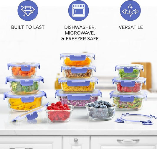 Zulay Kitchen 12 Pack Glass Meal Prep Containers with Lids - Airtight, Premium Borosilicate Glass Food Storage Containers - Microwave, Freezer & Oven Safe, BPA Free - Periwinkle