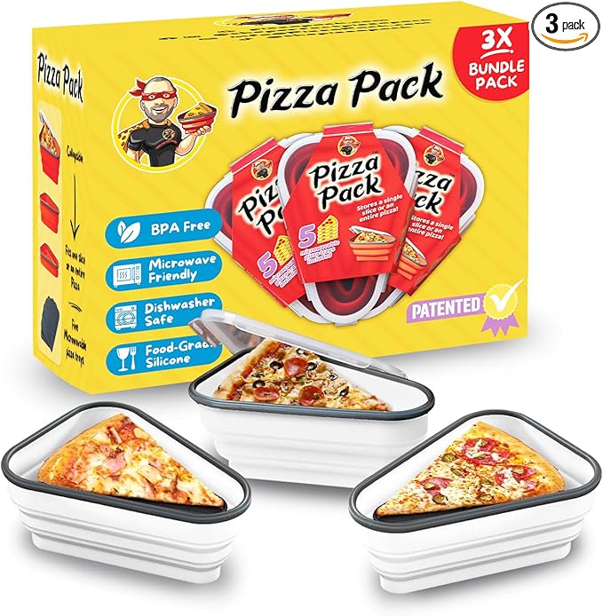 PIZZA PACK The Perfect Reusable Pizza Storage Container with 5 Microwavable Serving Trays - BPA-Free Adjustable Pizza Slice Container to Organize & Save Space, 3 Pack, White