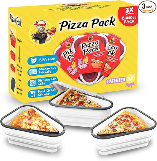 PIZZA PACK The Perfect Reusable Pizza Storage Container with 5 Microwavable Serving Trays - BPA-Free Adjustable Pizza Slice Container to Organize & Save Space, 3 Pack, White