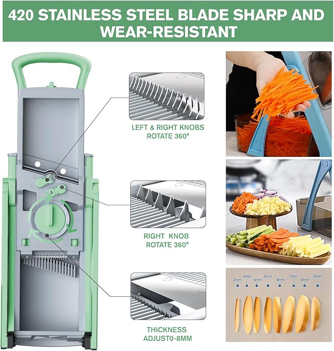 Upgrade Safe Mandoline Slicer Plus, Vegetable Potato Slice and Food Chopper Adjustable Thickness French Fries Cutter, Kitchen Chopping Artifact (Green)