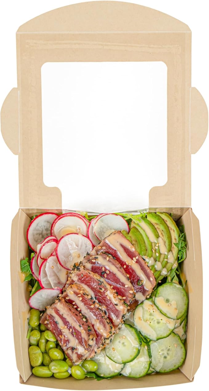Restaurantware-Sustain 26 Ounce Sturdy Paper Take Out Boxes, 50 Disposable Take Out Food Containers - With PLA lining, Clear PLA Window, Bamboo Paper Containers, Compostable, Tab-Lock Design