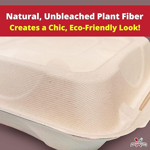 Durable, Leak-Proof Take-out Food Box, 100 Pack. Large, 9 x 9 Plant-Based, Gluten-Free Compostable Wheatstraw Fiber Clamshell Hinged Container, Microwavable and Great for Restaurant Carryout