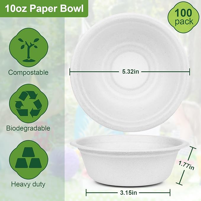 Paper Bowls 10 oz, 200 Pack Bowls Disposable Heavy Duty For Hot Soup, Ice Cream, Fruits, Snack, Small Compostable Bowls Made Of White Sugarcane