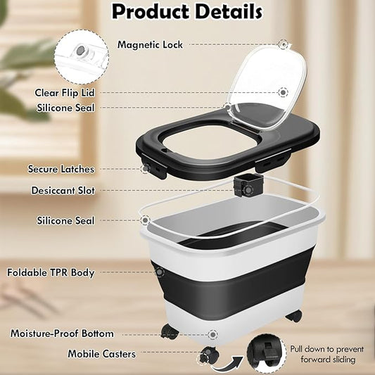 Rice Storage Container, 20Lbs Flour Container, Airtight Large Pet Dog Cat Food Storage Dispenser Bin with Wheels, Scoop & Measuring Cup, Collapsible Kitchen Dry Food Holder for Rice Cereal Kibble