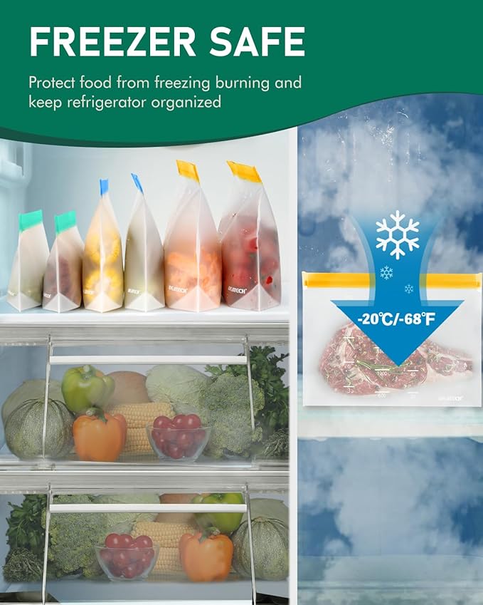 Dishwasher Safe Food Storage Bags Stand Up, 12Pack Reusable Gallon Freezer Bags, Reusable Bags Various Size, Reusable Sandwich Bags, Leakproof BPA Free Reusable Bags for Lunch, Snack(12Pack)