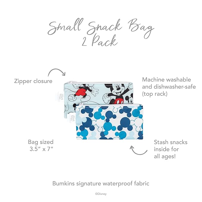 Bumkins Disney Reusable Snack Bags, for Kids School Lunch and for Adults Portion, Washable Fabric, Waterproof Cloth Zip Bag, Supplies Travel Pouch, Food-Safe, 2-pk Mickey Mouse Classic
