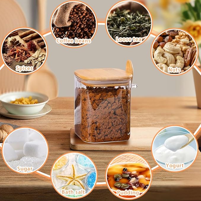 6 Pack Square Glass Jar with Bamboo Lids and Spoons - 32 OZ Overnight Oats Containers with Lids, Food Storage Glass Jars for Loose Tea, Meal Prep, Chia Pudding, Yogurt, Coffee, Sugar