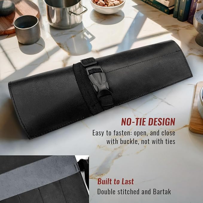 Under NY Sky Genuine Leather Knife Roll Case - 4 Slots - Real Leather Pouch - Portable Bag for Cooking Tools, Utensils, Cutlery Knives, Brushes - Chefs, Kitchen, Travel, Gift - Black L