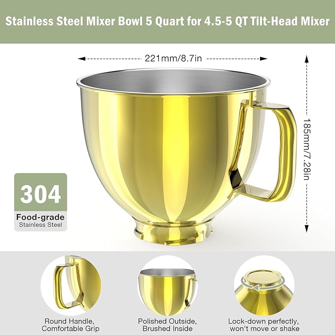 5QT Stainless Steel Mixer Bowl Compatible with Kitchen aid Stand Mixers Kitchenaid Replacement Bowl for 4.5-5 QT Tilt-Head Mixer with Handle, Gold
