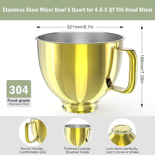 5QT Stainless Steel Mixer Bowl Compatible with Kitchen aid Stand Mixers Kitchenaid Replacement Bowl for 4.5-5 QT Tilt-Head Mixer with Handle, Gold