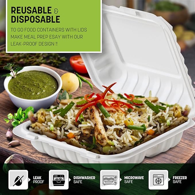 6X6X3 50 Pcs Plastic Clamshell Takeout Food Trays Heavy Duty Disposable Box For Pasta Salad Sandwich Meal Prep Packaging Catering Hinged Containers With Secure Snap Lid