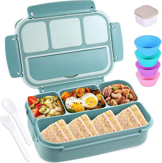 Bento Box Adult Lunch Box, Lunch Containers for Kids Girls Boys with 4 Compartments, Lunchable Food Container with Utensils, Sauce Jar, Muffin Liners, 40 Oz/5 Cup, Light Teal