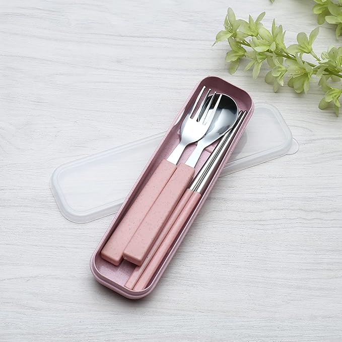 VANRA 3-Piece Children Utensils Set 18/8 Stainless Steel Child Flatware Set Silverware Spoon Fork Chopstick Set with Travel Case for Kids Lunch Box