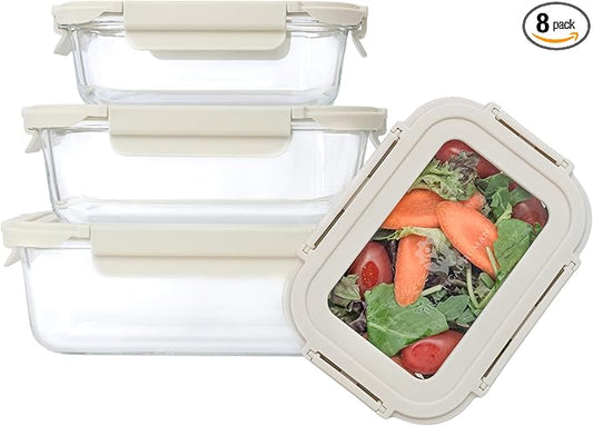 8-Piece Glass Meal Prep Set: Airtight Snap-Lock Lids for Easy Storage—Microwave, Oven, Freezer & Dishwasher Safe!