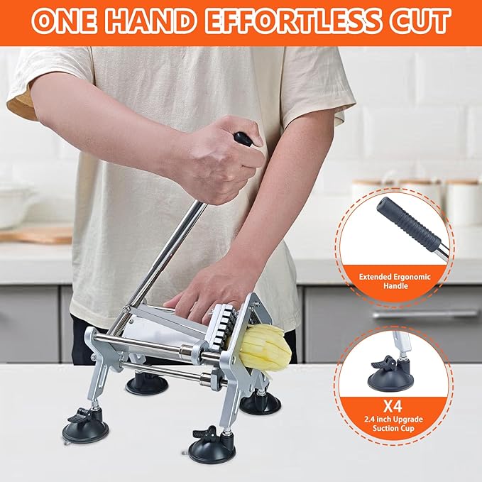 French Fry Cutter, Professional Potato Cutter Slicer with 1/2 &3/8In Stainless Steel Blades, Upgraded Suction Cups for Whole Potatoes Carrots Cucumbers