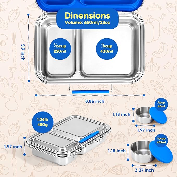 Stainless Steel Bento Box Adult 3 Compartments Lunch Box with Lid Stainless Steel Kids Leak Resistant Bento Lunch Box with Bonus Silicone Container Dishwasher-Safe for School Picnics Travel