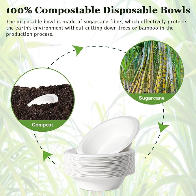 12 oz Disposable Paper Bowls, 150 Pack Bowls Disposable Heavy Duty, Compostable Paper Bowl With White Bagasse, Biodegradable Soup Bowls for Salad, Ice Cream, Dessert