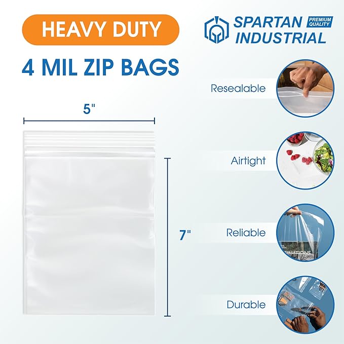 Spartan Industrial - 5” X 7” (1000 Count) Thick 4 Mil Clear Reclosable Zip Plastic Poly Bags with Resealable Lock Seal Zipper - Heavy Duty and Durable