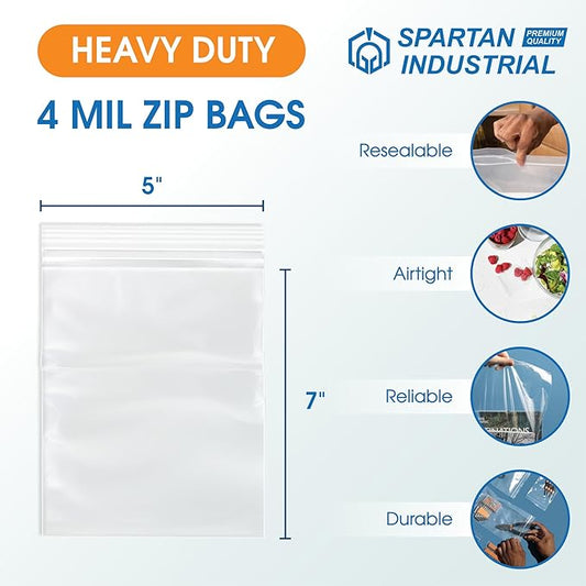 Spartan Industrial - 5” X 7” (1000 Count) Thick 4 Mil Clear Reclosable Zip Plastic Poly Bags with Resealable Lock Seal Zipper - Heavy Duty and Durable