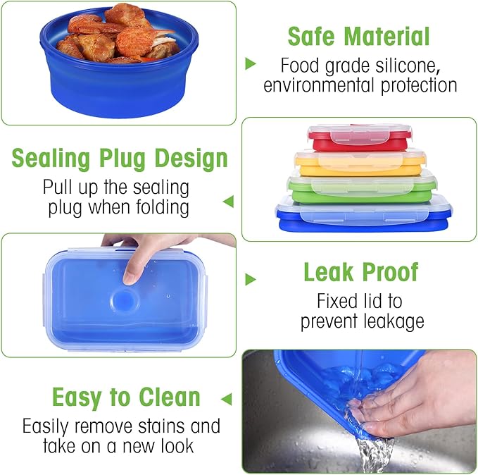Yaomiao 16 Pack Collapsible Food Storage Containers with Lid Foldable 8 Pcs Rectangle Storage Bowl and 8 Pcs Round Silicone Food Bow for Lunch Rv Accessories Microwave Freezer Safe(Bright Colors)