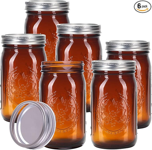 eleganttime Amber Glass Mason Jars 32 oz Wide Mouth 6 Pack,Amber Quart Canning Jars with Airtight Lids and Bands for for Canning, Freezing, Fermenting,Preserving, Beverages & Jar Decor