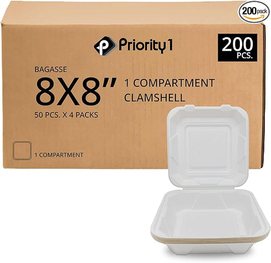 Priority1 Paper 8x8 Inch, 200 Count, 1 - Compartment to go Containers with Lids, Disposable Take Out Food Containers, Microwave Safe Clamshell