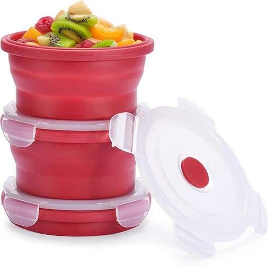 Collapsible Food Storage Containers with Lids - 13.5oz/0.4L Silicone Collapsible Bowl Sets with Airtight Lid - Round Silicone Food Containers Microwave, Freezer, and Dishwasher Safe - Set of 3, Red