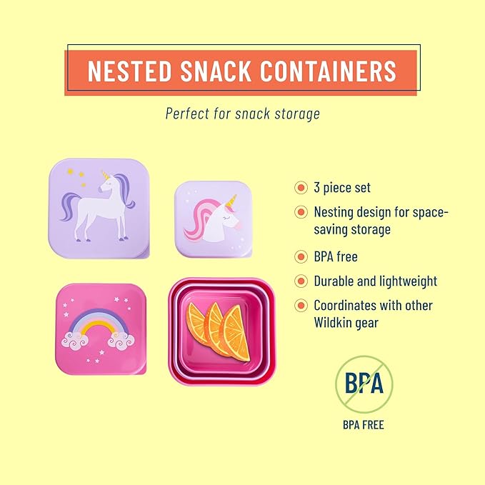 Wildkin Nesting Food Containers for Kids – Stackable, Airtight & Dishwasher Safe - Set of 3 - Unicorn