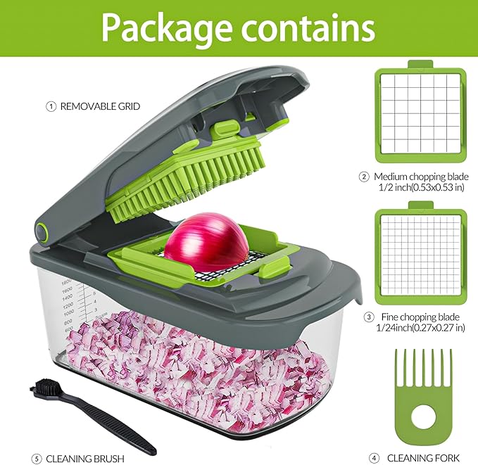 Cambom Vegetable Chopper With Container, Multifunctional Food Chopper Onion & Vegetable Cutter Dicer With 8 Blades, Carrot & Veggie Slicer 2 Blades Grey