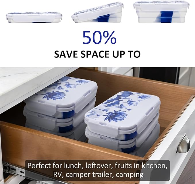 Collapsible Food Storage Containers with Lids in Blue and White Porcelain China Style, 48oz, 4 Pack, Stackable Silicone Containers for Food Lunch, Microwave Freezer Dishwasher Safe, White
