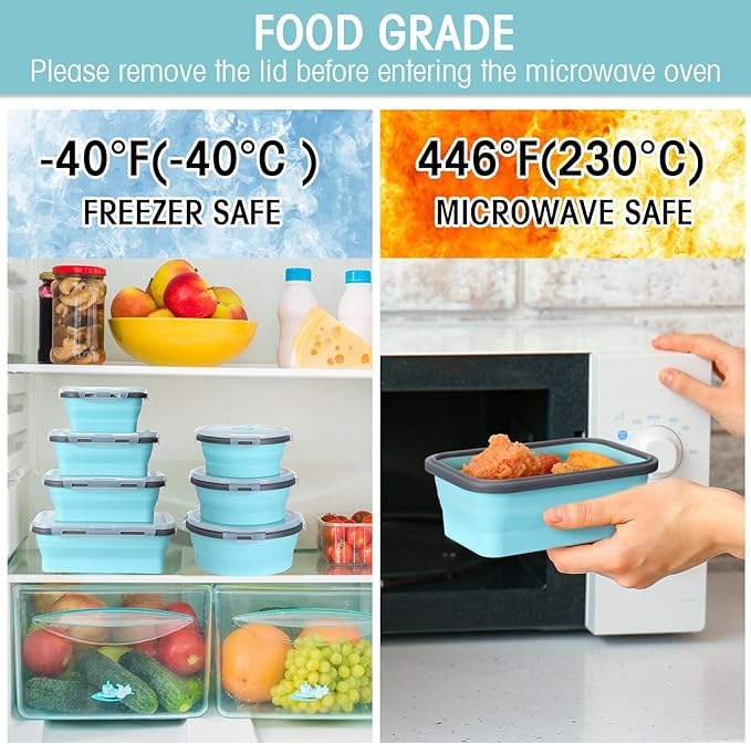Yaomiao 16 Pack Collapsible Food Storage Containers with Lid Foldable 8 Pcs Rectangle Storage Bowl and 8 Pcs Round Silicone Food Bow for Lunch Rv Accessories Microwave Freezer Safe(Gray, Blue)