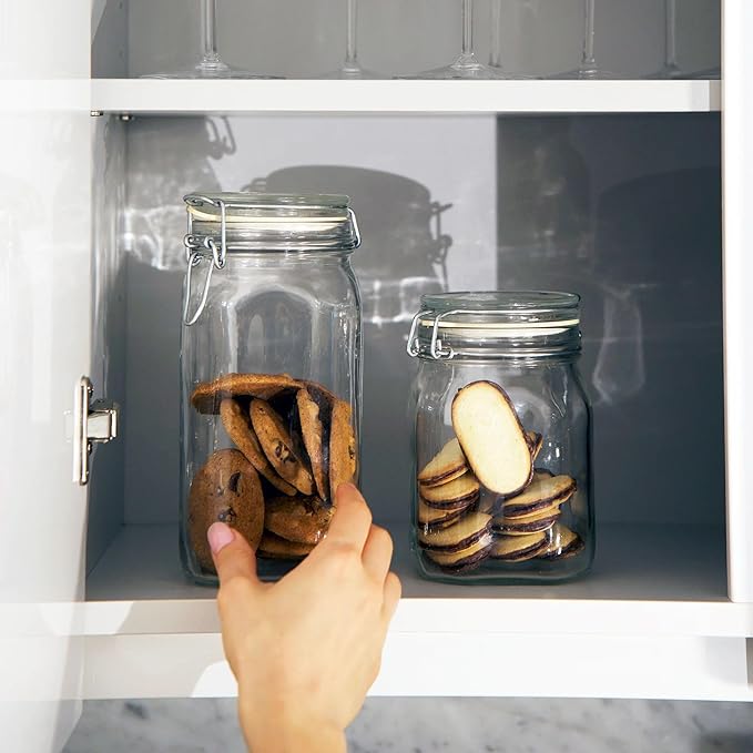 Bormioli Rocco Fido Wide Mouth Squared Glass Jar with Airtight Gasket Clamp Lid for Canning and Food Storage, Clear Top, 50.75 oz.