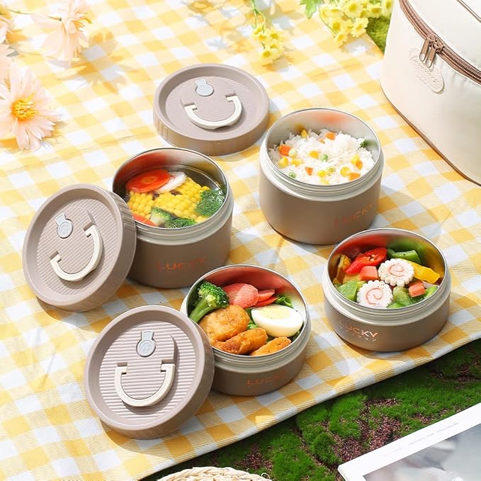 VANDHOME Bento Box Adult Lunch Box Set, Portable Keep Warm Lunch Container With Insulated Bag, 18/8 Stainless Steel Thermal Food Container, Induction Cooker & Microwave Safe (Khaki 4Pcs 68oz)