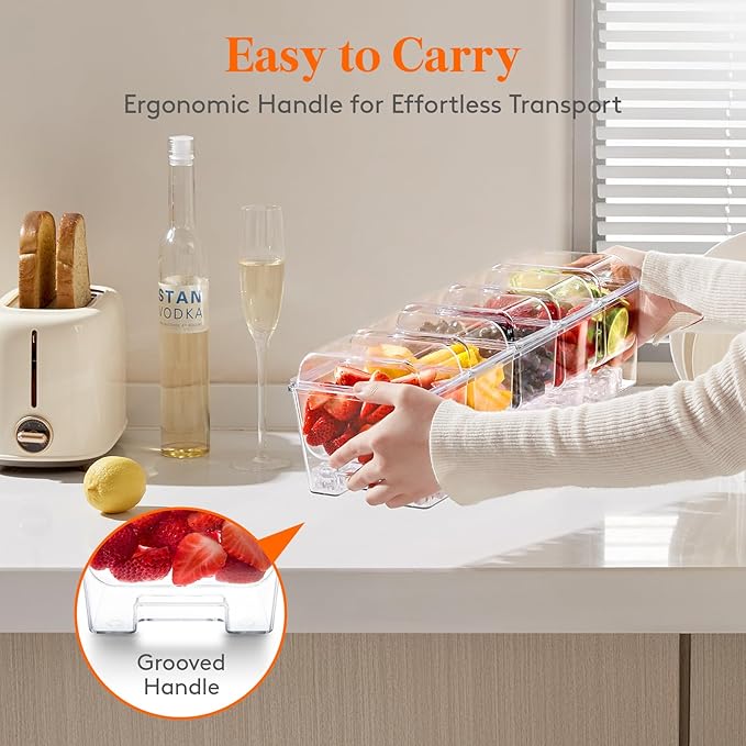 Lifewit 3 Pack Ice Chilled Condiment Caddy with 5 Containers(2.5 cup), Condiment Server with Separate Lids, Serving Tray Platter for Bar Accessories, Fruit, Salad, Taco, Party Garnish