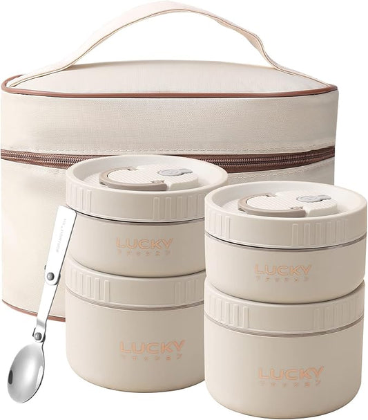 VANDHOME Bento Box Adult Lunch Box Set, Portable Keep Warm Lunch Container With Insulated Bag, 18/8 Stainless Steel Thermal Food Container, Induction Cooker & Microwave Safe (Beige 4Pcs 68oz)