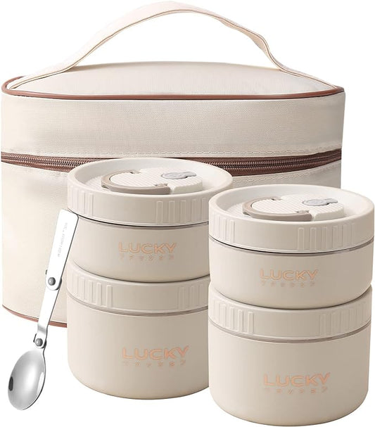 YBOBK HOME Thermal Bento Box Aldult Lunch Box, Portable Insulated Lunch Container For Work Picnic, Keep Warm Stainless Steel Food Container With Bag, Induction Cooker & Microwave Safe (Beige 68oz)