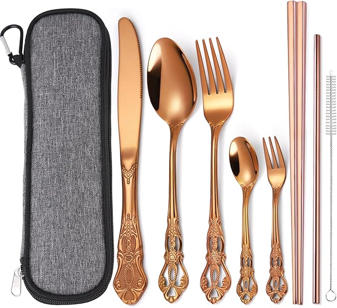 AARAINBOW 7 Pieces Stainless Steel Flatware Set Portable Reusable Cutlery Set Travel Utensils Set Including Chopsticks Knife Fork Spoon Straws Cleaning Brush Dishwasher Safe (G-Rose Golden)