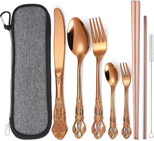 AARAINBOW 7 Pieces Stainless Steel Flatware Set Portable Reusable Cutlery Set Travel Utensils Set Including Chopsticks Knife Fork Spoon Straws Cleaning Brush Dishwasher Safe (G-Rose Golden)