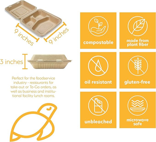100% Compostable Disposable Food Containers with Lids [9”X9” 3-Comp 200 Pack] Eco-Friendly Take-Out TO-GO Containers, Heavy-Duty, Biodegradable, Unbleached by Earth's Natural Alternative