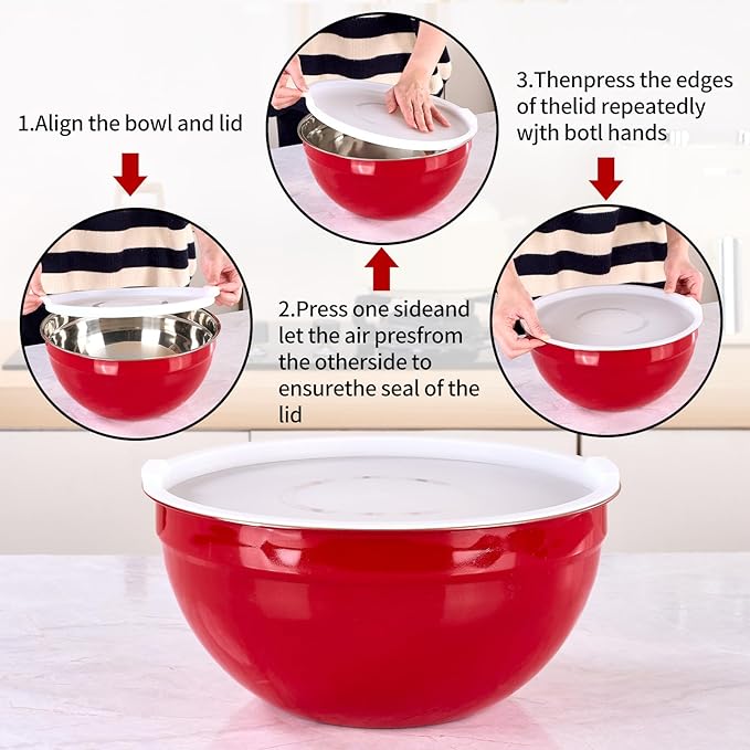 Red Mixing Bowls with Lids Set of 7, Stainless Steel Nesting Bowl with Khaki Lid for Non-slip Mixing Prepping Storing Serving, 7 Sizes-7/3.6/2.7/2.1/1.5/1/0.8 QT