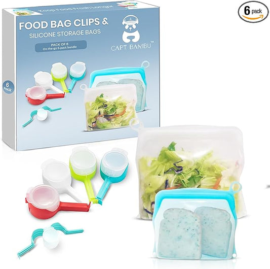 Silicone Food Storage Bags & Bag Clips with Pour Spout - Pack of 6 - Reusable, BPA-Free, Leak Proof Zip Bags – Freezer, Microwave & Dishwasher Safe – Airtight Food Storage & Sealing Clips for Snacks