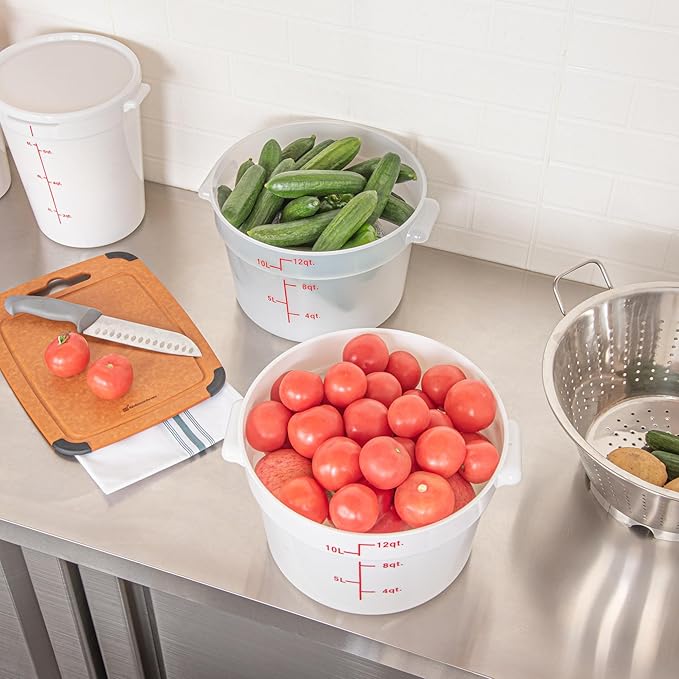 Restaurantware-Met Lux 12 Quart Food Storage Containers, 10 White Storage Containers - Lids Sold Separately, Red Volume Markers, Dishwashable Containers, Side Handles, For Storing Foods